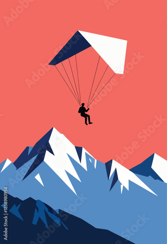 Silhouette of a paraglider soaring over snowy mountains against a coral sky