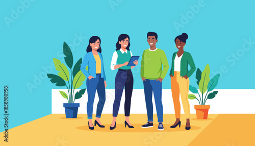 Diverse business colleagues collaborating with a tablet in a cheerful modern office setting