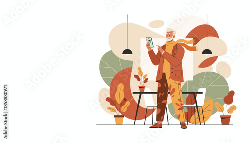 Happy older man checking mobile app in a stylish cafe environment with plants