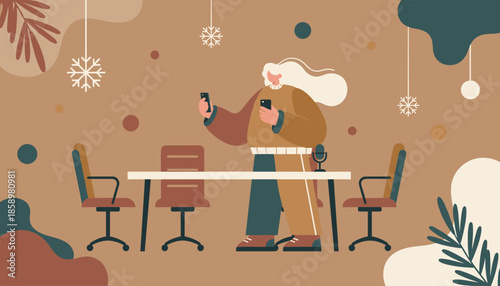 Woman using two smartphones in a meeting room Digital communication podcasting remote business