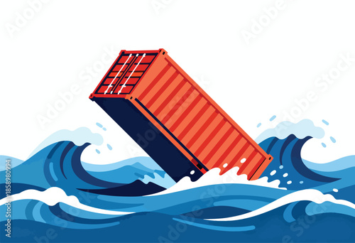 Orange cargo container tilted precariously in rough ocean waves
