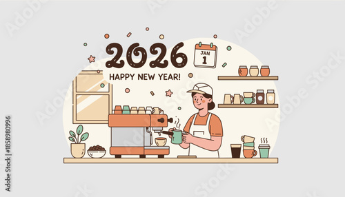 Barista celebrates New Year 2026 serving fresh coffee on January 1st Cafe small business greeting