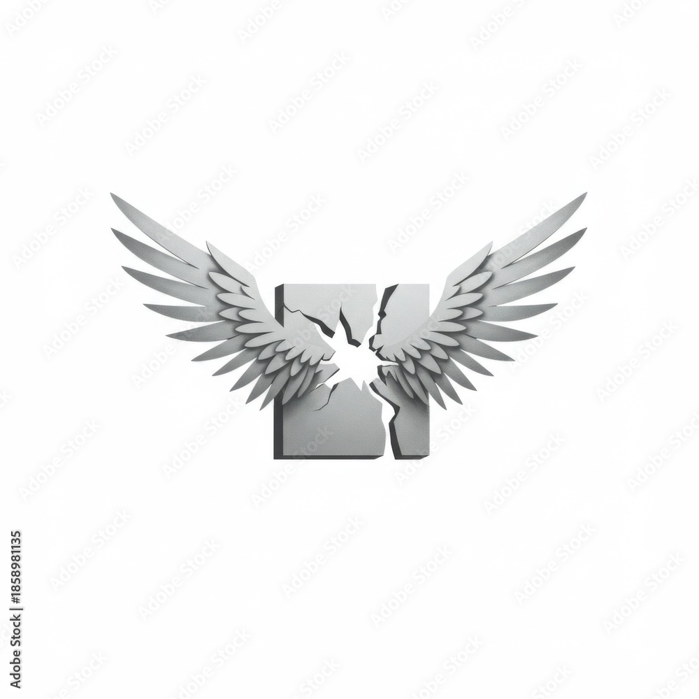 Fototapeta premium Abstract Image of Wings Attached to a Cracked Square Graphic Element Isolated on White