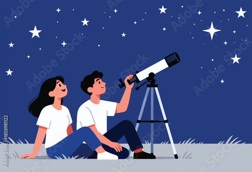 Couple gazes at starry sky through telescope at night