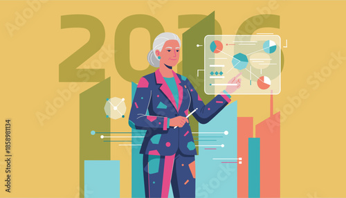 Experienced CEO presenting business strategy and financial data charts for year 2026