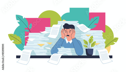 Stressed employee overwhelmed by massive paperwork stack Burnout workload pressure and office anxiety concept