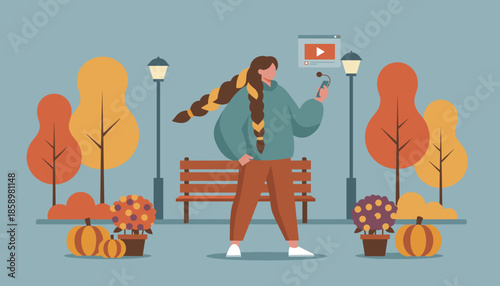 Autumn vlog or podcasting woman records content using a smartphone and mic in a festive park setting