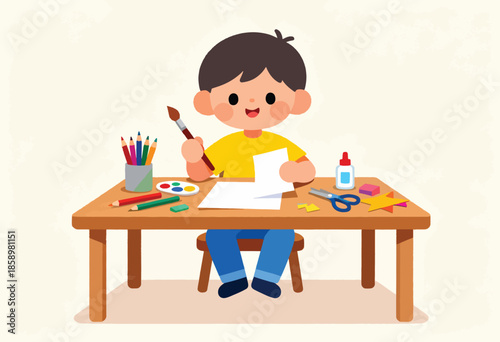 A child sits at a desk, painting and cutting, surrounded by art supplies