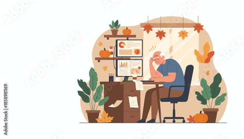 Stressed senior man working overtime in an autumn home office suffering from headache and burnout