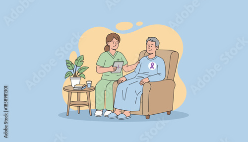 Caring nurse supports an elderly patient with a purple ribbon awareness symbol in a comfortable residential setting