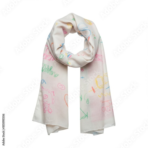 White Scarf with Colorful Doodle Patterns in Casual Style on White Background