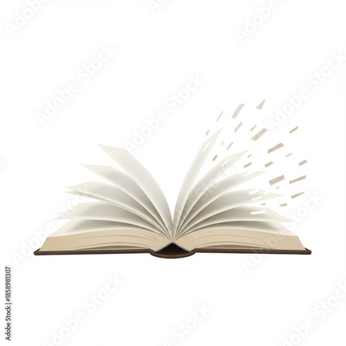 Open Book with Floating Pages on White Background for Academic Design