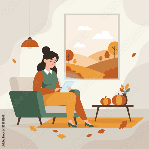Woman sitting in a cozy chair using a tablet enjoying the autumn season indoors