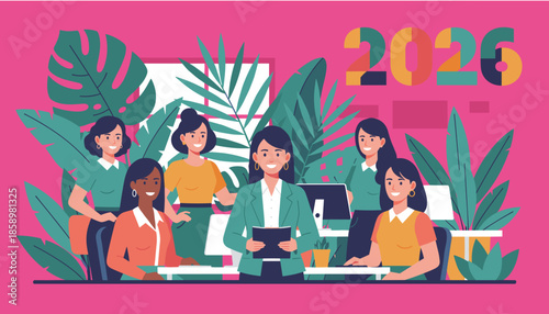 Six diverse business women smiling in a modern tropical office setting celebrating 2026 goals and corporate teamwork