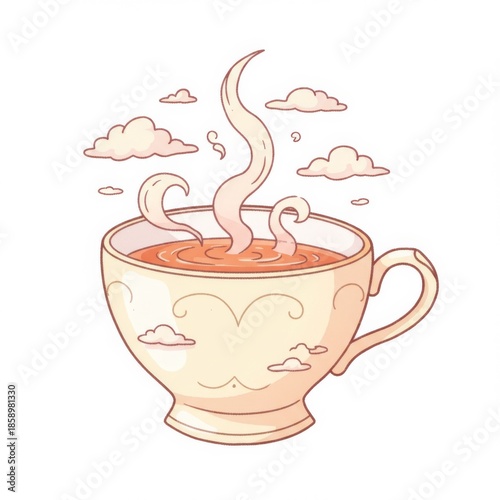 Creamy Tea Cup Steaming with Cloud Accents in a Pixel Art Style Illustration