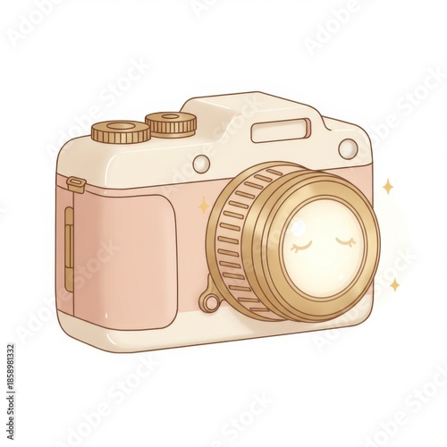 Vintage Style Camera Illustration in Beige and Pink Colors Isolated on White