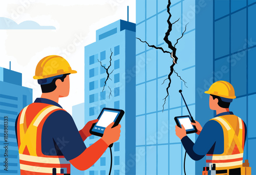 Two workers in hard hats inspect a large crack on a blue skyscraper