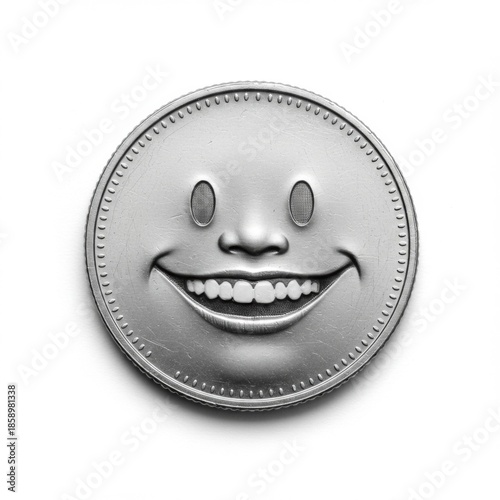 Silver Coin with Smiling Face Detailed Metal Art on White Background