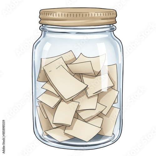 Glass Jar Full of Beige Paper Notes with a Matching Beige Lid Isolated