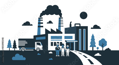 Manufacturing plant scene Workers stand outside factory building with truck and smoking smokestacks