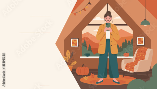 Woman using a smartphone in a cozy autumn attic room with mountain views Fall lifestyle design