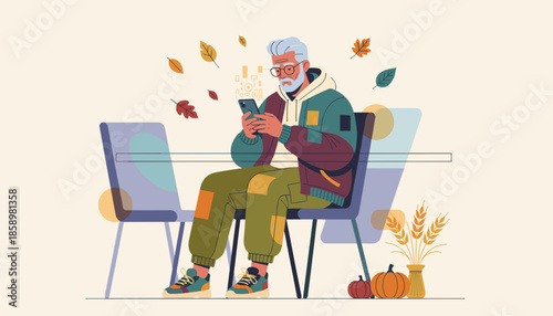 Stylish senior man sits using a phone in a modern fall setting Autumn technology and contemporary life
