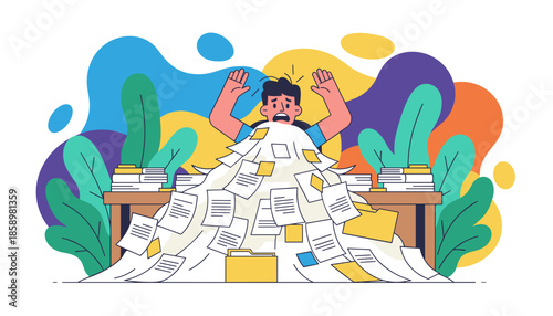 Overwhelmed employee buried under a mountain of paperwork symbolizing work stress and deadlines