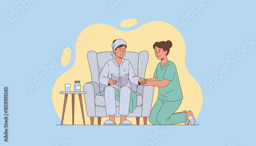 Caring nurse supports a cancer patient sitting in an armchair reading a book medical care and hope
