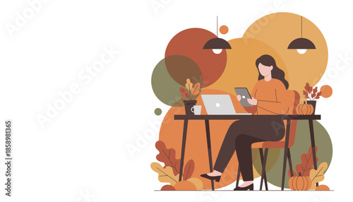 Professional woman works remotely on a tablet in a cozy autumn home office setting Flat illustration