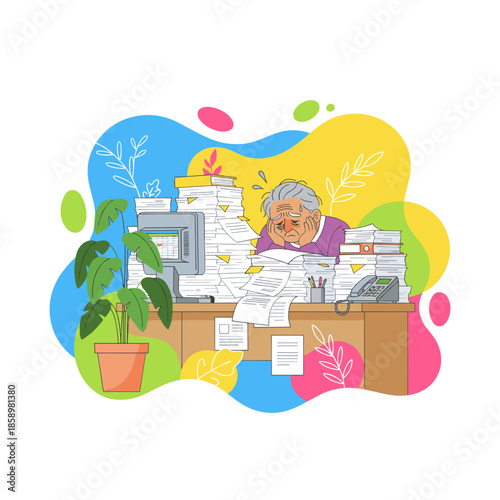 Overwhelmed senior worker buried in documents Stress burnout and office bureaucracy concept