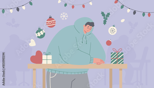 Sad person experiencing holiday blues or depression during festive Christmas celebrations