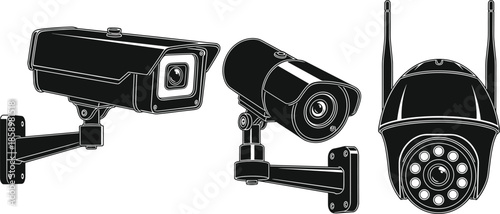 Surveillance camera vector illustration, box camera, bullet camera, dome camera, security system, wireless monitoring, night vision, wall mounted, technology design, protection concept