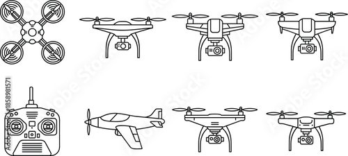 Drone quadcopter set with remote control and airplane icons for aerial photography technology and surveillance delivery services flat line art, cad drawing flat vector illustration