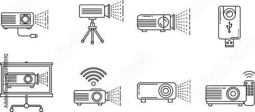 Digital Multimedia Projector Icon Set Featuring Wireless Projection, Tripod Stand, USB Storage, and Remote Control, CAD Drawing Flat Vector Illustration