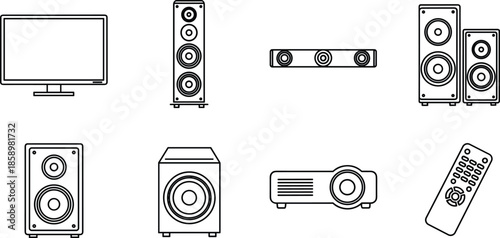 Home Theater and Sound System Icon Set Featuring Smart TV, Tower Speakers, Subwoofer, Multimedia Projector and Remote Control, CAD Drawing