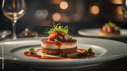 Cinematic stock video of an elegant fine dining plate with artistic presentation. Suitable for luxury food, restaurant branding, and gourmet concepts.