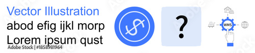 Financial analysis, technology, decision-making, programming, innovation, web concepts. Blue dollar sign icon, question mark and gear with web connections. Financial analysis and technology