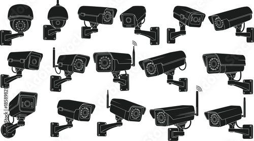 Surveillance cameras vector set, dome cameras, bullet cameras, wireless CCTV, security system illustration, night vision, infrared lens, monitoring technology, wall mounted designs