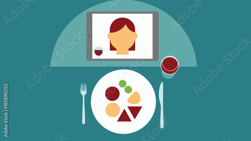 A person having a meal at a table with a tablet displaying a video call