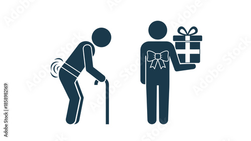 An icon showing care and support for an elderly person with back pain through a gift