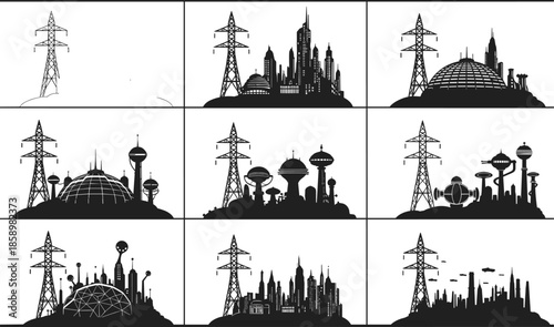 Urban evolution, cityscape transformation, futuristic skyline, power transmission, infrastructure growth, modern architecture, technological progress, urban planning, smart city, future metropolis