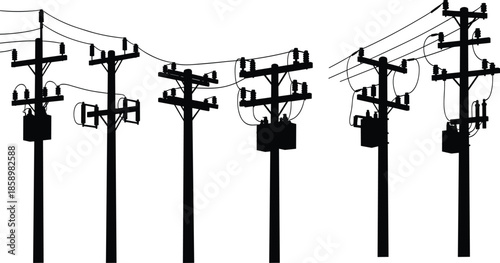 Utility pole silhouette, electrical components, power line vector, transformer setup, insulator design, urban grid, black illustration, infrastructure network art