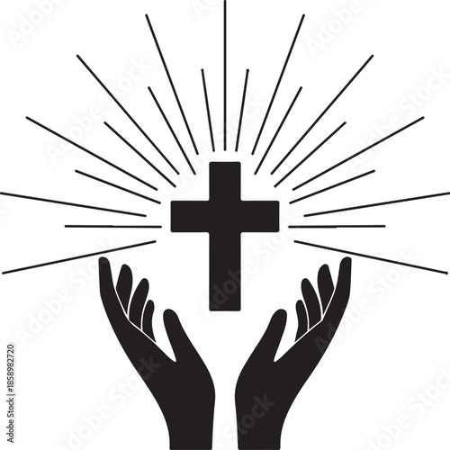 A holy gold crucifix cross held in hands as a spiritual religious symbol of faith, prayer, and Catholic spirituality for Easter or church worship isolated on a white background vector illustration