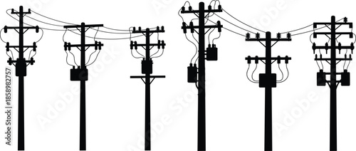 Utility pole silhouette, electrical infrastructure, transformer setup, power line design, insulator structure, vector illustration, black shape, energy system, urban grid, technical component
