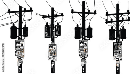 Utility pole silhouette, urban posters, electrical wires, transformer box, street culture, public message board, city scene, vector illustration, graphic art, infrastructure element