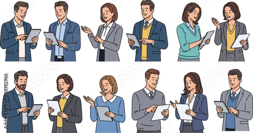 Vector illustration set of diverse business professionals using tablets and holding documents for corporate communication, presentations, and digital workflow.
