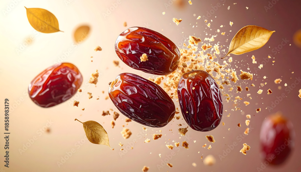 Fototapeta premium Dates and crumbs explosion with dry leaves flying around