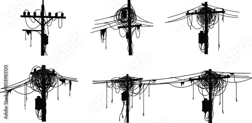 Utility pole, tangled wires, silhouette illustration, electrical infrastructure, urban clutter, black vector, transformer box, cable chaos, city grid, power distribution