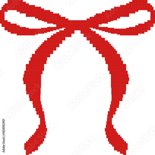Simple red ribbon bow in pixel art style on transparent background. Minimal and bold decorative design with a retro 8-bit look. Perfect for Christmas decorations, gift wrapping graphics