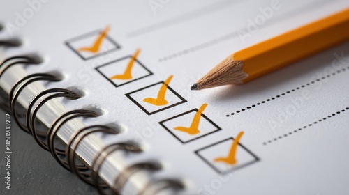 Close-up of a checklist with orange pencil marking completed tasks on a spiral notebook, emphasizing organization and productivity in daily planning